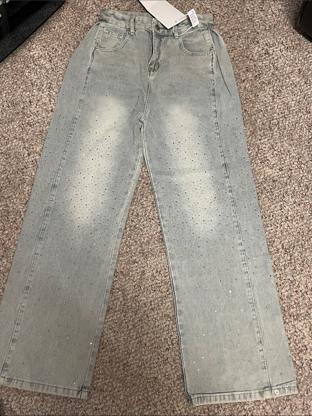 Ultra wide leg Crystal covered high rise jeans with clip close ankle